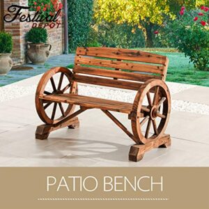 Sports Festival 2-Person Wagon Wheel Wood Bench Outdoor Patio Loveseat with Wheel Armrest and Slatted Seat Rustic Log Furniture Handled with Burnt Finish for Porch Garden Backyard