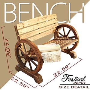 Sports Festival 2-Person Wagon Wheel Wood Bench Outdoor Patio Loveseat with Wheel Armrest and Slatted Seat Rustic Log Furniture Handled with Burnt Finish for Porch Garden Backyard