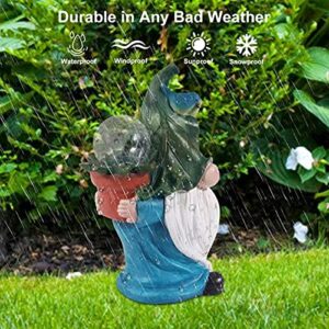 Trysea Garden Statue Gnome Figurine, Resin Gnome Figurine Carrying Magic Orb with Solar LED Light for Outdoor, Patio Lawn Yard Porch Garden Decor, Housewarming Festival Gift