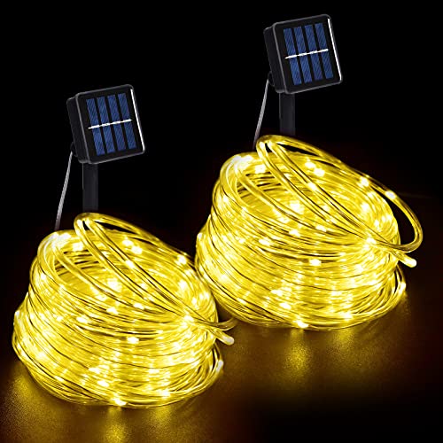 Solar Rope Lights Outdoor, 2 Pack 100 LED Solar String Lights Waterproof 8 Lighting Modes 33ft Copper Wire Fairy Lights for Fence Garden Patio Yard Hall Wedding Party Christmas Halloween (Warm White)