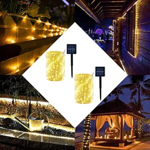 Solar Rope Lights Outdoor, 2 Pack 100 LED Solar String Lights Waterproof 8 Lighting Modes 33ft Copper Wire Fairy Lights for Fence Garden Patio Yard Hall Wedding Party Christmas Halloween (Warm White)