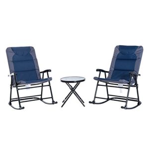 outsunny 3 piece outdoor patio furniture set with glass coffee table & 2 folding padded rocking chairs, bistro style for porch, camping, balcony, blue