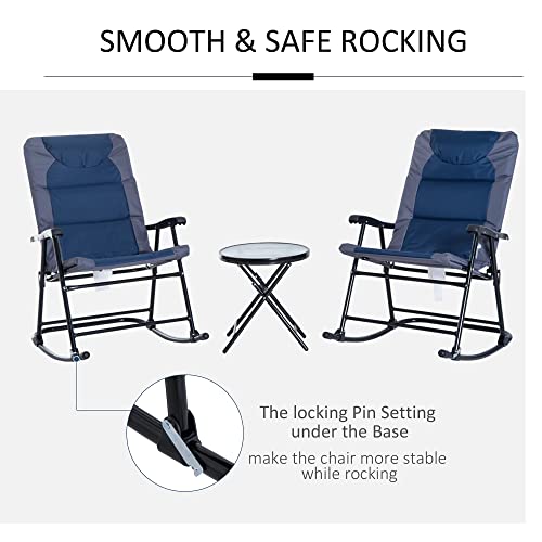Outsunny 3 Piece Outdoor Patio Furniture Set with Glass Coffee Table & 2 Folding Padded Rocking Chairs, Bistro Style for Porch, Camping, Balcony, Blue