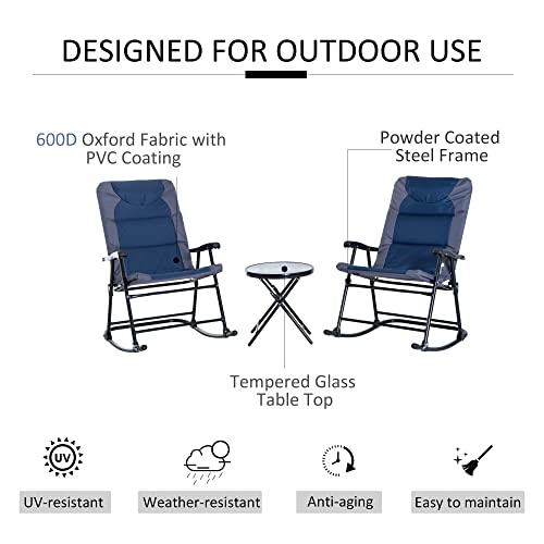 Outsunny 3 Piece Outdoor Patio Furniture Set with Glass Coffee Table & 2 Folding Padded Rocking Chairs, Bistro Style for Porch, Camping, Balcony, Blue