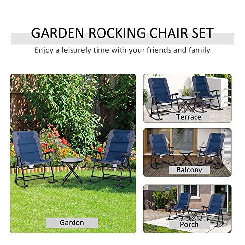 Outsunny 3 Piece Outdoor Patio Furniture Set with Glass Coffee Table & 2 Folding Padded Rocking Chairs, Bistro Style for Porch, Camping, Balcony, Blue