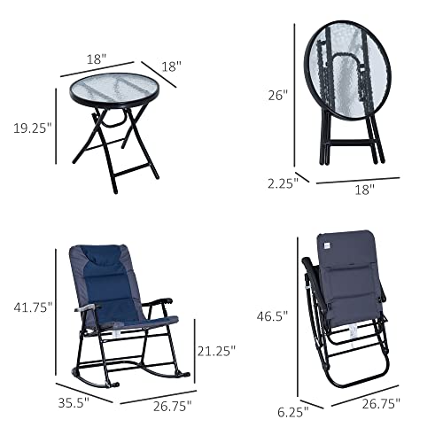 Outsunny 3 Piece Outdoor Patio Furniture Set with Glass Coffee Table & 2 Folding Padded Rocking Chairs, Bistro Style for Porch, Camping, Balcony, Blue