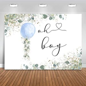 mocsicka oh boy watercolor blue balloon backdrop greenery boy baby shower background botanical eucalyptus baby shower party cake table decoration banner photo booth props (7x5ft)