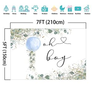 Mocsicka Oh Boy Watercolor Blue Balloon Backdrop Greenery Boy Baby Shower Background Botanical Eucalyptus Baby Shower Party Cake Table Decoration Banner Photo Booth Props (7x5ft)