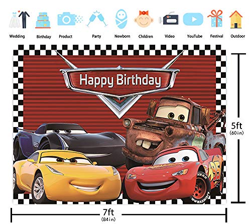 GYA 7x5ft Cartoon Racing Mobilization Birthday Themed Backdrops Racing Flag Black White Grid Red Photo Backgrounds for Photography Party Banner Photo Booth Props