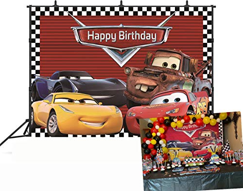 GYA 7x5ft Cartoon Racing Mobilization Birthday Themed Backdrops Racing Flag Black White Grid Red Photo Backgrounds for Photography Party Banner Photo Booth Props