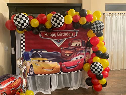 GYA 7x5ft Cartoon Racing Mobilization Birthday Themed Backdrops Racing Flag Black White Grid Red Photo Backgrounds for Photography Party Banner Photo Booth Props