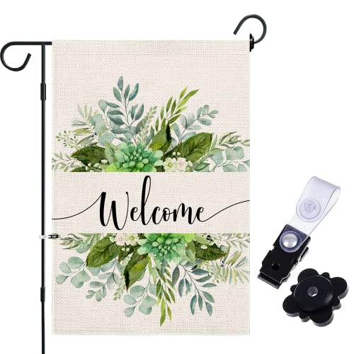 Leaves Floral Welcome Garden Flag 12×18 Double Sided, Burlap Small Vertical Yard Flag, Spring Summer Seasonal Outdoor Decor for Garden Yard Farmhouse