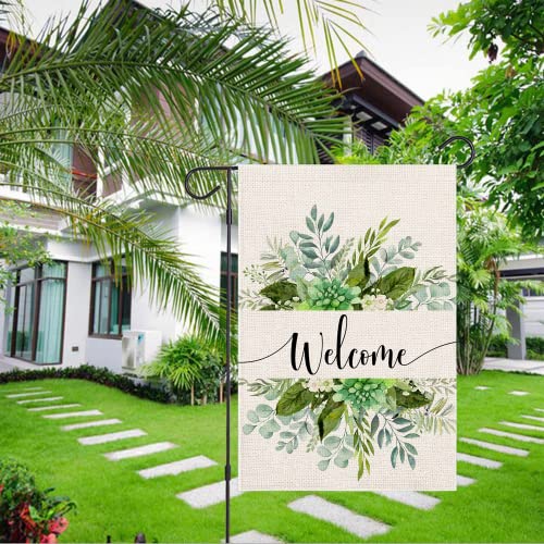 Leaves Floral Welcome Garden Flag 12×18 Double Sided, Burlap Small Vertical Yard Flag, Spring Summer Seasonal Outdoor Decor for Garden Yard Farmhouse