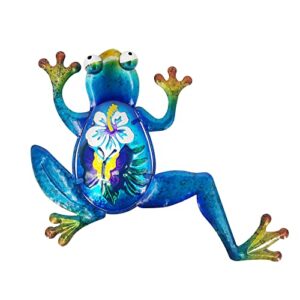 john’s studio frog wall decor outdoor metal garden hanging art glass sculptures home theme decorations for living room, bedroom yard, fence and patio – 14 inch blue