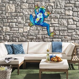 John's Studio Frog Wall Decor Outdoor Metal Garden Hanging Art Glass Sculptures Home Theme Decorations for Living Room, Bedroom Yard, Fence and Patio - 14 Inch Blue