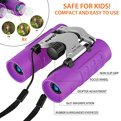 Obuby Real Binoculars for Kids Gifts for 3-12 Years Boys Girls 8x21 High-Resolution Optics Mini Compact Binocular Toys Shockproof Folding Small Telescope for Bird Watching,Travel, Camping, Purple