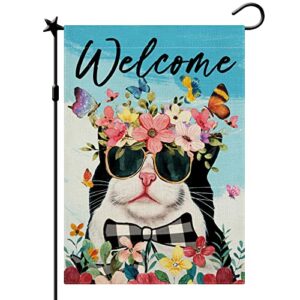 cmegke spring summer cat garden flag, spring summer welcome cat flags, spring summer flags summer spring rustic vertical double sided burlap cat floral home holiday party farmhouse yard lawn outside decorations 12.5 x 18 in