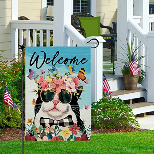 CMEGKE Spring Summer Cat Garden Flag, Spring Summer Welcome Cat Flags, Spring Summer Flags Summer Spring Rustic Vertical Double Sided Burlap Cat Floral Home Holiday Party Farmhouse Yard Lawn Outside Decorations 12.5 x 18 In