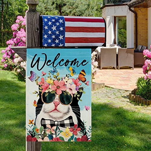 CMEGKE Spring Summer Cat Garden Flag, Spring Summer Welcome Cat Flags, Spring Summer Flags Summer Spring Rustic Vertical Double Sided Burlap Cat Floral Home Holiday Party Farmhouse Yard Lawn Outside Decorations 12.5 x 18 In