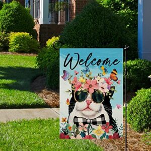 CMEGKE Spring Summer Cat Garden Flag, Spring Summer Welcome Cat Flags, Spring Summer Flags Summer Spring Rustic Vertical Double Sided Burlap Cat Floral Home Holiday Party Farmhouse Yard Lawn Outside Decorations 12.5 x 18 In