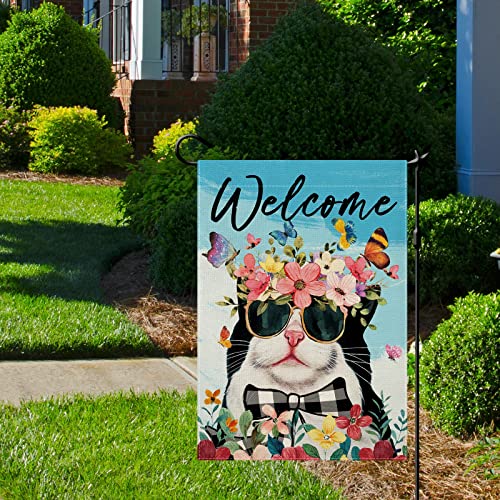 CMEGKE Spring Summer Cat Garden Flag, Spring Summer Welcome Cat Flags, Spring Summer Flags Summer Spring Rustic Vertical Double Sided Burlap Cat Floral Home Holiday Party Farmhouse Yard Lawn Outside Decorations 12.5 x 18 In