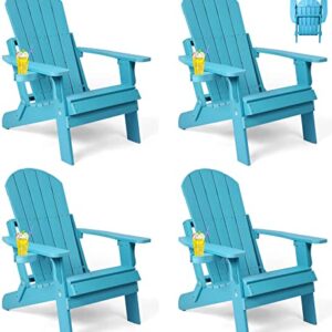 Folding Adirondack Chairs Set of 4, All Weather Resistant Plastic Chair with Cup Holder, Fold or Unfold Easily in 1 Second, Outdoor Chairs for Patio, Garden, Backyard Deck, Lawn, Fire Pit - Lake Blue