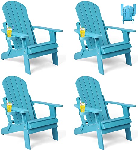 Folding Adirondack Chairs Set of 4, All Weather Resistant Plastic Chair with Cup Holder, Fold or Unfold Easily in 1 Second, Outdoor Chairs for Patio, Garden, Backyard Deck, Lawn, Fire Pit - Lake Blue