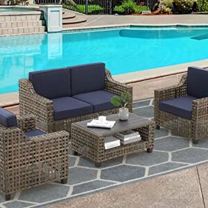 MELLCOM 4-Piece Outdoor Sectional Sofa Couch, Patio Furniture Set with Cushions and HDPE Table Top, Handwoven PE Wicker Rattan Patio Conversation Set for Patio, Garden, Yard, Pool, Brown and Blue