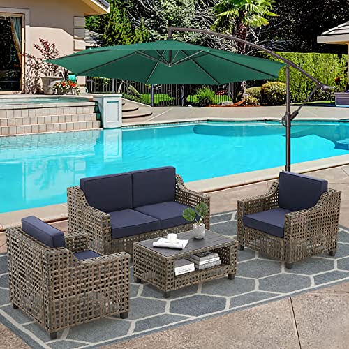 MELLCOM 4-Piece Outdoor Sectional Sofa Couch, Patio Furniture Set with Cushions and HDPE Table Top, Handwoven PE Wicker Rattan Patio Conversation Set for Patio, Garden, Yard, Pool, Brown and Blue
