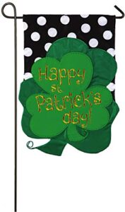 evergreen happy st patrick’s day garden size flag | double sided & 3d applique stitching burlap |green | 18-in x 12.5-in | polka dot irish clover | outdoor home décor lawn yard patio deck porch