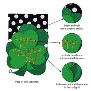 Evergreen Happy St Patrick's Day Garden Size Flag | Double Sided & 3D Applique Stitching Burlap |Green | 18-in x 12.5-in | Polka Dot Irish Clover | Outdoor Home Décor Lawn Yard Patio Deck Porch