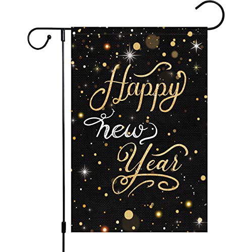 Happy New Year Garden Flag 12x18 Double Sided Vertical, Burlap Small Celebration Confetti Welcome New Year Yard Flag Sign Holiday Winter House Outdoor Outside Decorations (ONLY FLAG)