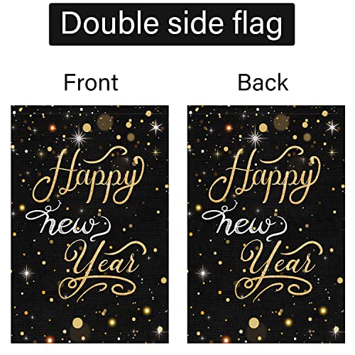 Happy New Year Garden Flag 12x18 Double Sided Vertical, Burlap Small Celebration Confetti Welcome New Year Yard Flag Sign Holiday Winter House Outdoor Outside Decorations (ONLY FLAG)