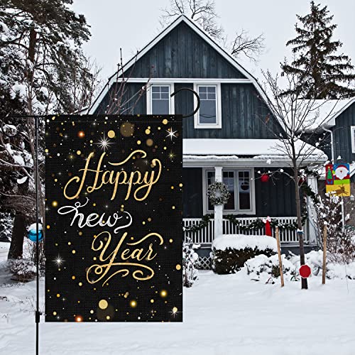 Happy New Year Garden Flag 12x18 Double Sided Vertical, Burlap Small Celebration Confetti Welcome New Year Yard Flag Sign Holiday Winter House Outdoor Outside Decorations (ONLY FLAG)