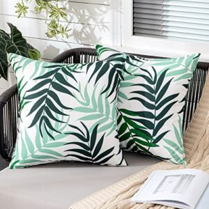 miulee pack of 2 decorative outdoor waterproof throw pillow covers spring patio pillow cases natural leaves pattern square cushion shams shell for garden balcony couch 18×18 inch, dark green