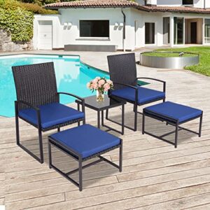 kinfant outdoor patio wicker furniture set – 5-pcs all weather furniture set with 2 chairs, coffe table, 2 ottomans and cushions for balcony porch backyard garden (dark blue)