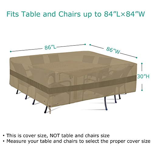 SunPatio Outdoor Furniture Set Cover, Heavy Duty Waterproof Patio Square Table and Chairs Cover for Dining Set, Fade Resistant Varanda Garden Deck Sectional Set Cover, 86" L x 86" W x 30" H, Taupe