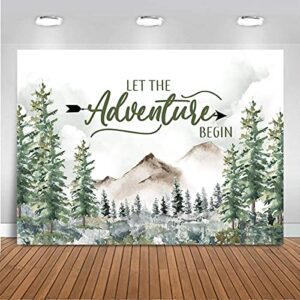 mocsicka adventure awaits baby shower backdrop pine tree mountain wilderness adventure woodland animals background vinyl let the adventure begin party photography backdrop for photoshoot (7x5ft)