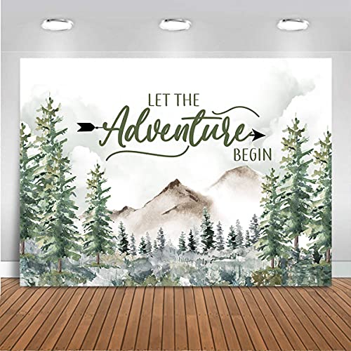 Mocsicka Adventure Awaits Baby Shower Backdrop Pine Tree Mountain Wilderness Adventure Woodland Animals Background Vinyl Let The Adventure Begin Party Photography Backdrop for Photoshoot (7x5ft)