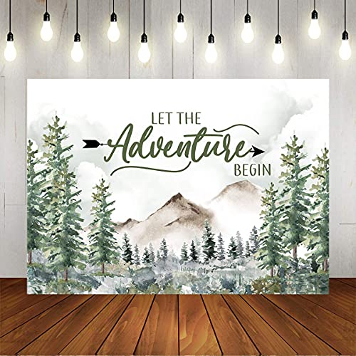 Mocsicka Adventure Awaits Baby Shower Backdrop Pine Tree Mountain Wilderness Adventure Woodland Animals Background Vinyl Let The Adventure Begin Party Photography Backdrop for Photoshoot (7x5ft)