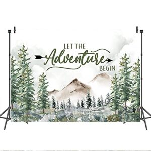 Mocsicka Adventure Awaits Baby Shower Backdrop Pine Tree Mountain Wilderness Adventure Woodland Animals Background Vinyl Let The Adventure Begin Party Photography Backdrop for Photoshoot (7x5ft)