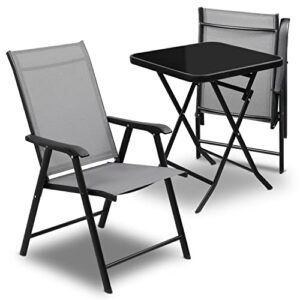 monibloom 3 piece patio bistro dining set, 2 foldable outdoor chairs and round table w/tempered glass tabletop for balcony lawn garden backyard