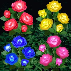 vookry 4 pack solar flowers garden lights decorative, 7 color changing rose lights 20 head rose for pathway patio yard party wedding valentine’s day outdoor decoration (red, pink, yellow, blue)