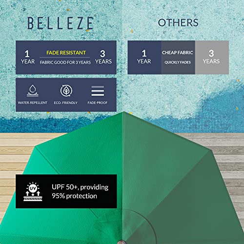BELLEZE 9 Ft Outdoor Patio Table Umbrella, Sunproof Beach Umbrella with Push Button Tilt and Crank, 8 Sturdy Ribs Market Umbrella for Patio Furniture Set, Garden, Deck, Backyard - Green