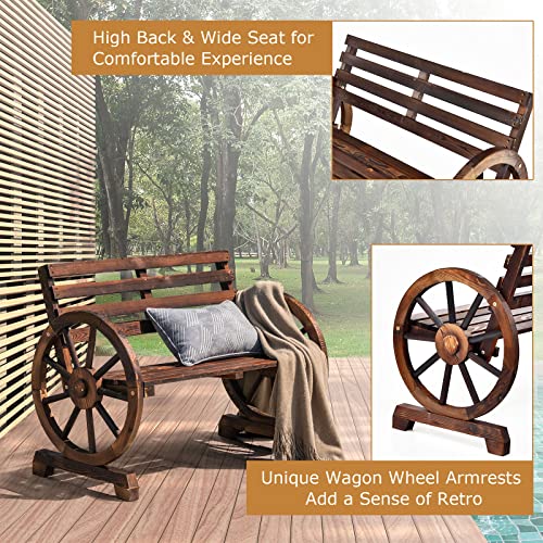 Giantex Outdoor Bench Wooden Wagon Wheel Bench, 2-Person Outdoor Garden Bench W/Slatted Seat, Backrest, Armrests for Backyard, Garden Rustic Retro Style Outside Decor Lounge Furniture Patio Bench