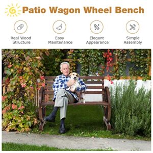 Giantex Outdoor Bench Wooden Wagon Wheel Bench, 2-Person Outdoor Garden Bench W/Slatted Seat, Backrest, Armrests for Backyard, Garden Rustic Retro Style Outside Decor Lounge Furniture Patio Bench