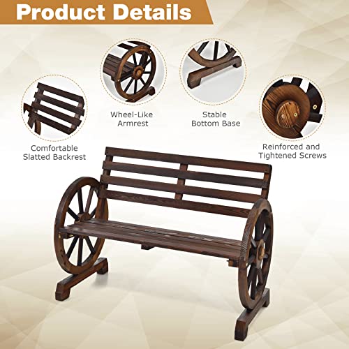 Giantex Outdoor Bench Wooden Wagon Wheel Bench, 2-Person Outdoor Garden Bench W/Slatted Seat, Backrest, Armrests for Backyard, Garden Rustic Retro Style Outside Decor Lounge Furniture Patio Bench