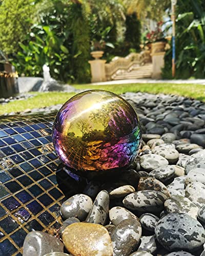 Pangmao Rainbow Gazing Globe Mirror Ball in Stainless Steel, Shiny Hollow Sphere Sparkling Housewarming Outdoor Ornament (6 Inch)