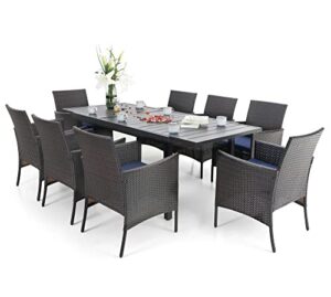 phi villa 9 piece outdoor dining table sets, expandable rectangular metal dining table and 8 rattan chairs for patio, deck, balcony
