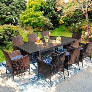 PHI VILLA 9 Piece Outdoor Dining Table Sets, Expandable Rectangular Metal Dining Table and 8 Rattan Chairs for Patio, Deck, Balcony